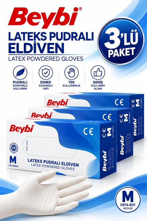 Eldiven Lateks Pudralı Medium 100'lü 3 Adet