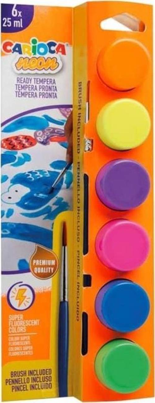Tempera Yıkanabilir Poster Boya 25 ml x 6 Fosforlu Renk Fırçalı Set