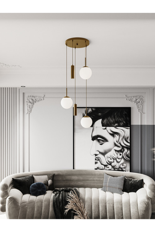 Vienna Modern Eskitme Metal Gövdeli 5'Li Sarkıt Avize - 3 Beyaz Cam Küre 2 Led Spot, E27 Duy-G10 Duy