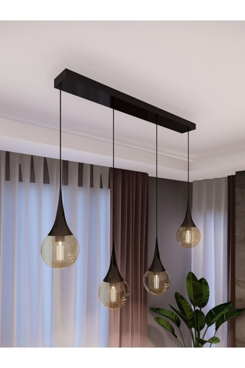 Opya 4'Lü Sıralı Sarkıt Avize – Siyah Metal Gövde, Bal Cam Küre | Yemek Masası Avizesi, Modern Salon Ve Mutfak Avizesi, Dekoratif Tavan Aydınlatma, E27 Duy Uyumlu