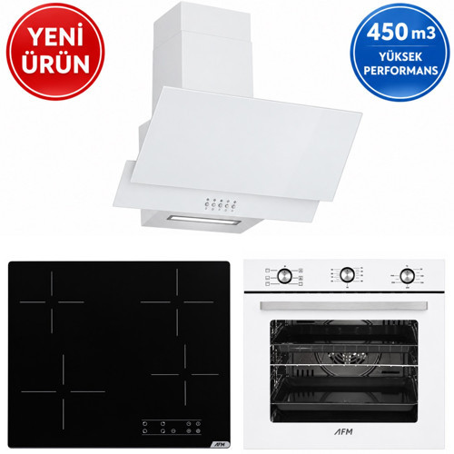 AFM Serisi WH6 Beyaz Dijital Elektr. Vitro. 3'lü Ankastre Set Fırın+ Siyah Ocak+Davlumbaz