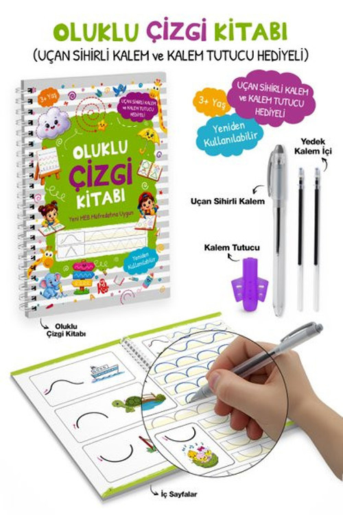 Oluklu Çizgi Kitabı - Uçan Sihirli Kalem ve Kalem Tutucu Hediyeli 3+ Yaş