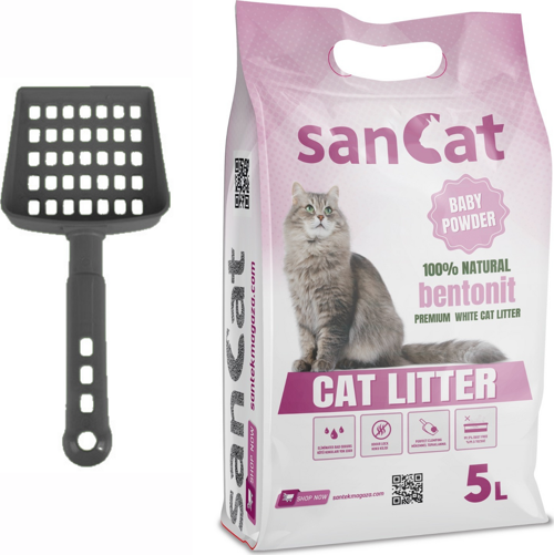 Sancat Premium Bebek Pudrası Kokulu Topaklaşan Beyaz Bentonit Kedi Kumu 5 L + Kürek