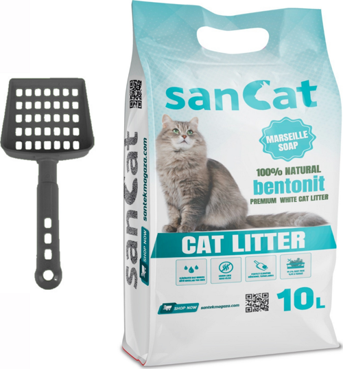 Sancat Premium Marsilya Sabun Kokulu Topaklaşan Beyaz Bentonit Kedi Kumu 10 L + Kürek