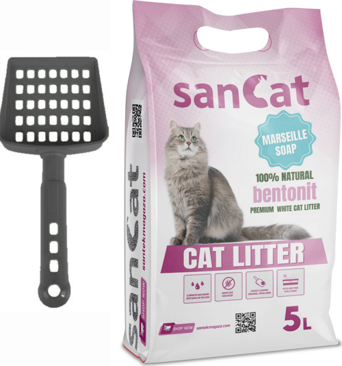 Sancat Premium Marsilya Sabun Kokulu Topaklaşan Beyaz Bentonit Kedi Kumu 5 L + Kürek