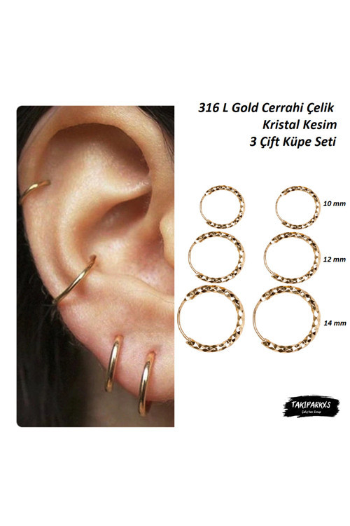 316 L Anti Alerjik Cerrahi Cerrahi Çelik Kristal Kesim Gold Üç Boy 3 Çift Unisex Halka Küpe Seti