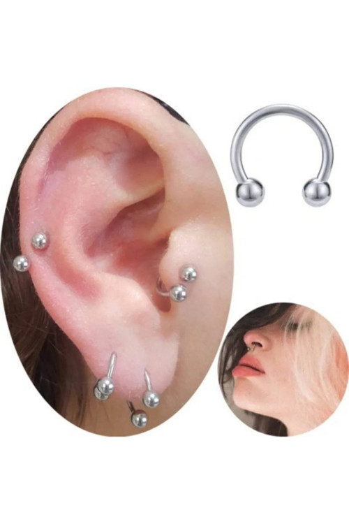 316L Kararmaz Cerrahi Çelik Tragus Kıkırdak Yarım Halka Nal Piercing Gümüş Renk