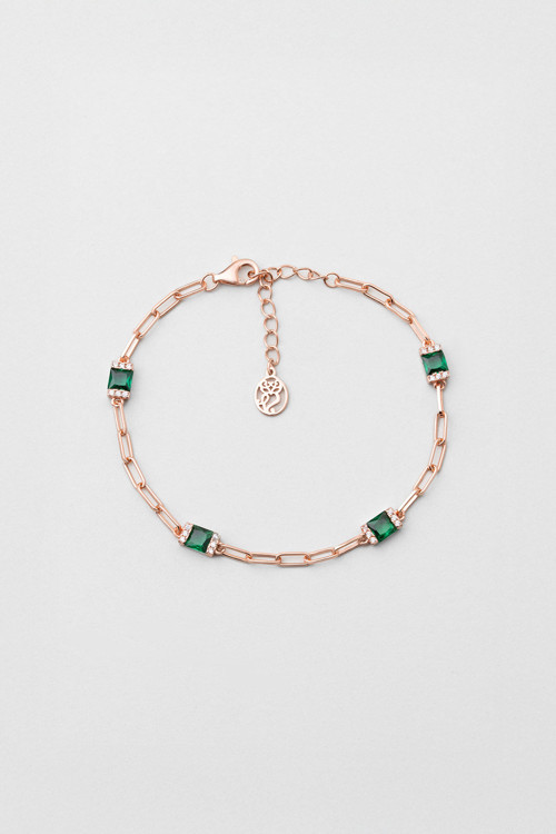 Renkli Taşlı 18 Ayar Rose Altın Kaplama Gümüş 19 Cm Bileklik