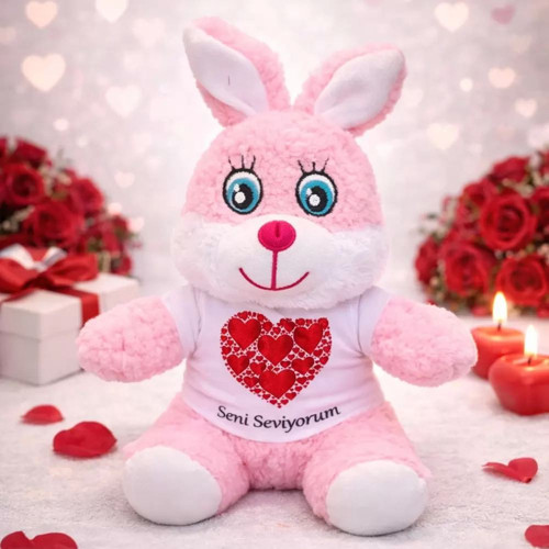 Pembe Renk Seni Seviyorum Tişörtlü Peluş Tavşan