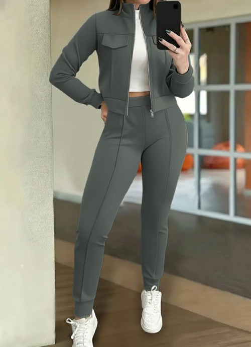 Kadın Uzun Kollu önden Fermuarlı Kısa Modal Mor Ceket Ve Pantolon Ikili Takım