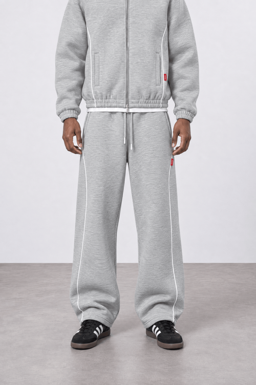 Erkek Biye Detaylı Panda Baggy Eşofman Altı Gri Melanj