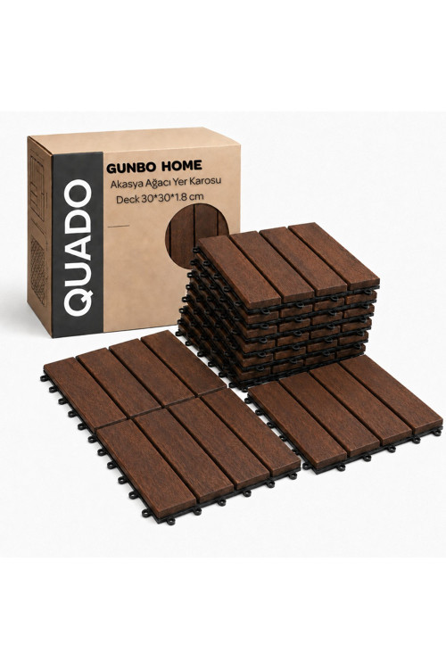 Quado Akasya Ahşap Yer Karosu 30x30x2,25 cm – 4 Dilimli Geçmeli Deck Karo | Balkon, Teras, Bahçe ve Duş