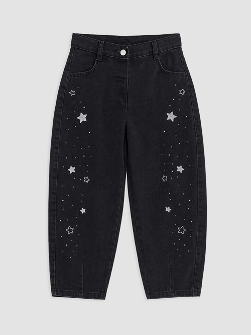 LCW Kids Siyah Nakışlı Kız Çocuk Jean Pantolon