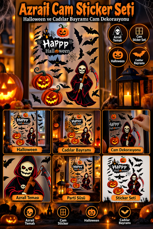 Halloween Azrail Cam Sticker Seti Cadılar Bayramı Pencere Dekorasyonu Parti Süsü Cam Aksesuarı
