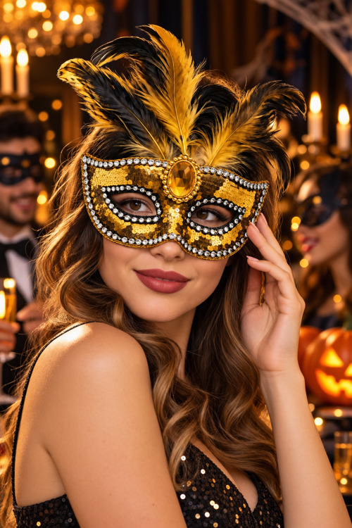 Gold Pullu Tüylü Yüz Maskesi Halloween Cadılar Bayramı Yılbaşı Parti Kostüm Davet Aksesuarı