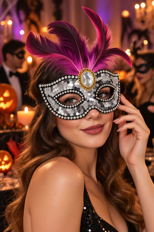 Gümüş Pullu Tüylü Yüz Maskesi Halloween Cadılar Bayramı Yılbaşı Parti Kostüm Davet Aksesuarı
