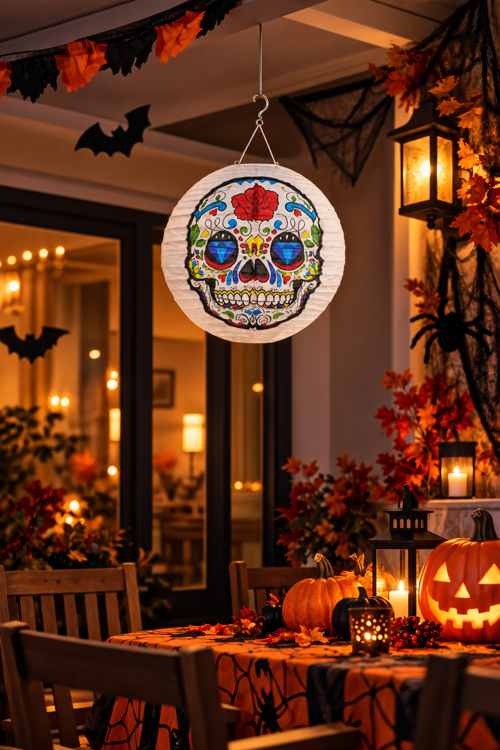 Halloween Renkli Kuru Kafa Desenli Japon Feneri Çin Feneri Kağıt Süsü Cadılar Bayramı Ev Dekoru