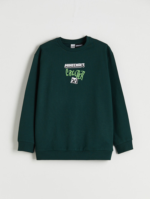 LCW Kids Yeşil Bisiklet Yaka Minecraft Baskılı Erkek Çocuk Sweatshirt