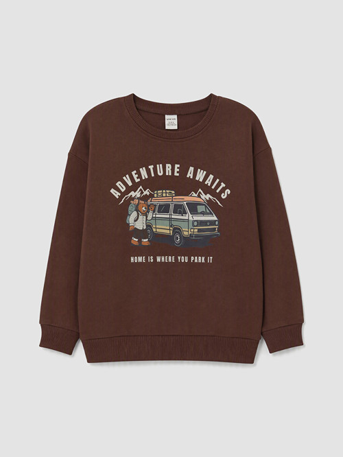 LCW Kids Kahverengi Baskılı Erkek Çocuk Kalın Sweatshirt
