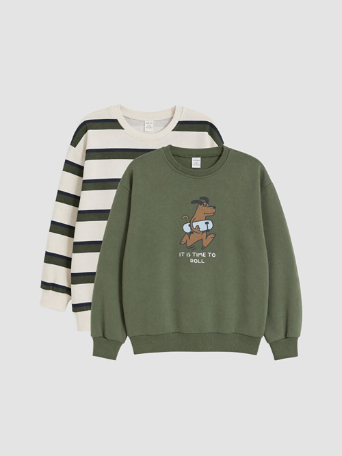 LCW Kids Haki Çizgili Erkek Çocuk Kalın Sweatshirt