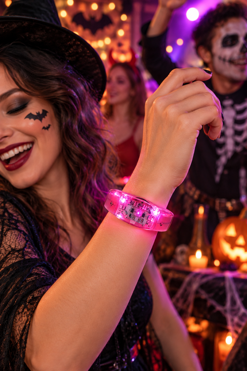 Pembe Işıklı Sensörlü Bileklik Müzik Ritminde Yanıp Sönen Halloween Cadılar Bayramı Yılbaşı