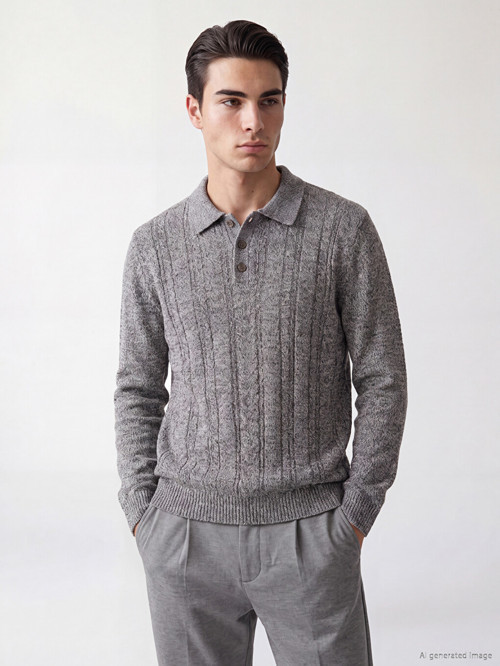 LC WAIKIKI Gri Polo Yaka Desenli Erkek Triko Kazak