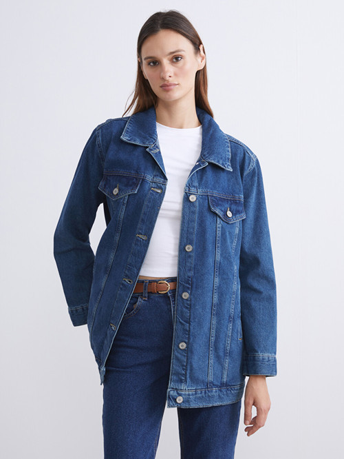 LCWAIKIKI Classic Mavi Gömlek Yaka Oversize Kadın Jean Ceket