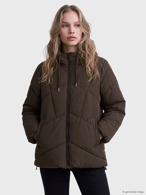 LCW Vision Kahverengi Kapüşonlu Oversize Kadın Şişme Mont