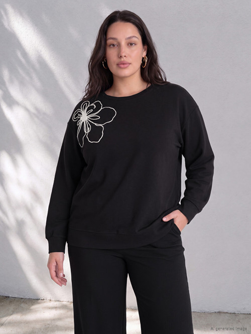 LCW Curve Siyah Büyük Beden Nakışlı Kadın Sweatshirt