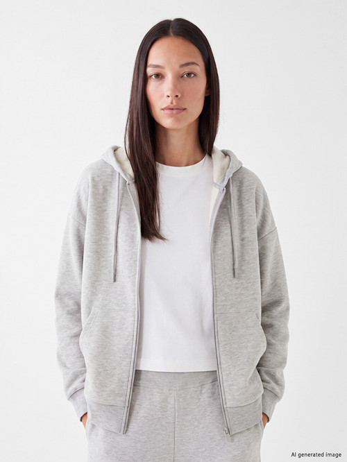 LC WAIKIKI Gri Kapüşonlu Kadın Kalın Fermuarlı Sweatshirt