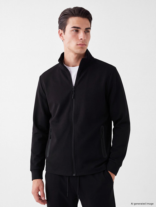 LCWAIKIKI Classic Siyah Dik Yaka Erkek Fermuarlı Sweatshirt