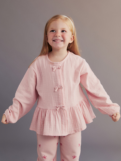 LCW Kids Pembe Fiyonk Detaylı Müslin Kız Çocuk Gömlek
