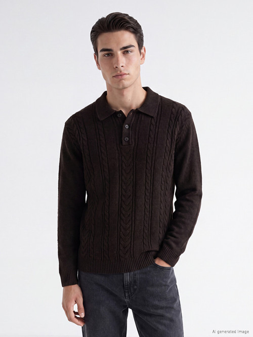 LC WAIKIKI Siyah Polo Yaka Desenli Erkek Triko Kazak