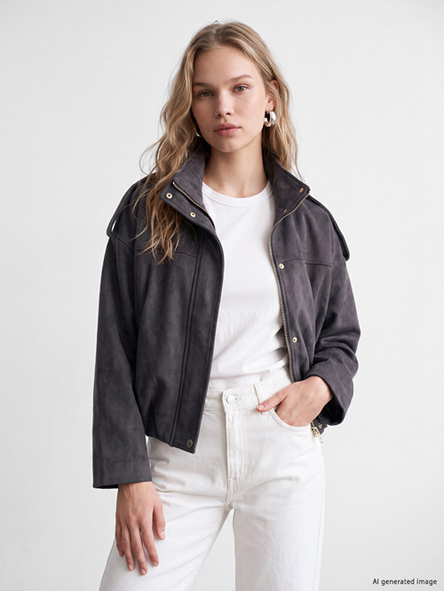 LCW Vision Antrasit Oversize Kadın Bomber Süet Görünnümlü Ceket