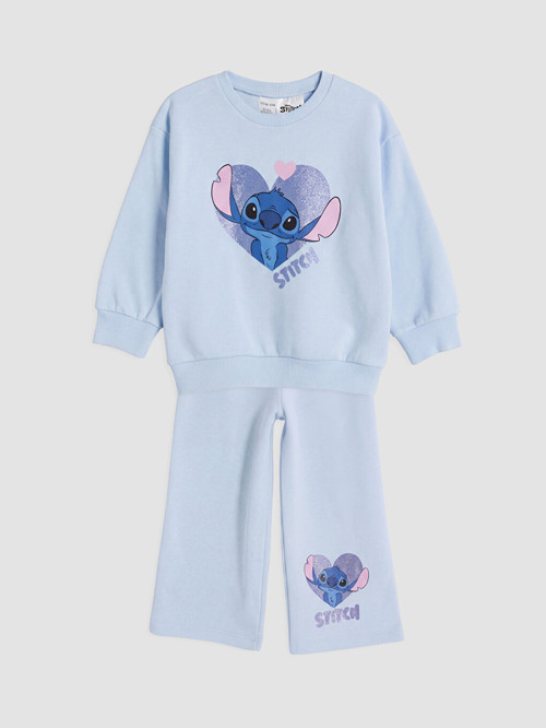 LCW Kids Mavi Bisiklet Yaka Stitch Baskılı Kız Çocuk Sweatshirt Ve Eşofman Altı