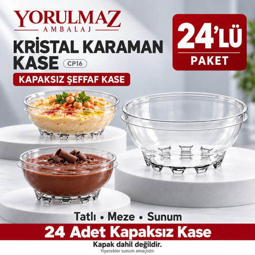 24 Adet Kristal Karaman Kapaksız Kase | Şeffaf Plastik Tatlı, Meze Ve Sunum Kasesi ( Cp16 )