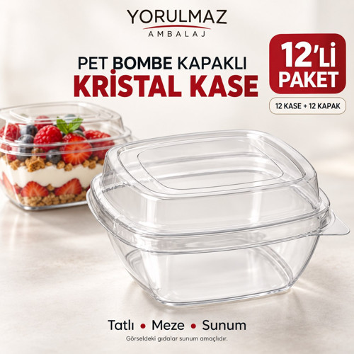 12 Adet PET Bombe Kapaklı Kristal Kase – Şeffaf Plastik Tatlı, Magnolya ve Meze Sunum Kabı
