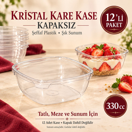 Kristal Kare Kase 330 Cc 12 Li– Şeffaf Plastik, Şık Sunumlar İçin İdeal Servis Kabı