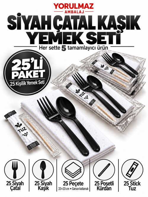 Lüks Siyah Çatal Kaşık Yemek Seti 25 Kişilik – 33×33 cm Garson Katlamalı Peçete, Poşetli Kürdan ve S