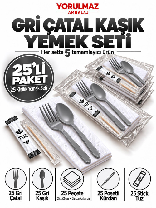 Lüks Gri Çatal Kaşık Yemek Seti 25 Kişilik – 33×33 cm Garson Katlamalı Peçete, Poşetli Kürdan ve Sti