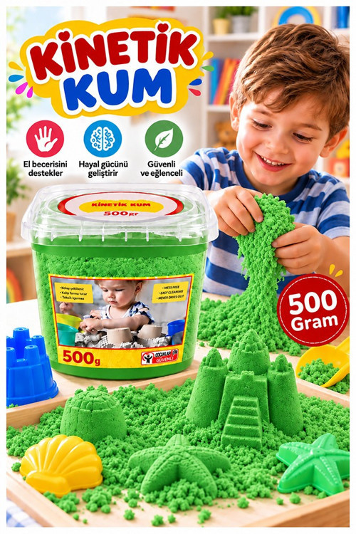 Yeşil Kinetik Kum 500gr Kovalı 1 Adet Südor Eğitici Akışkan Dağılmayan Canlı Renk Doğal Oyun Kumu Kalıp Hediyeli