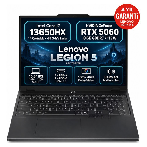 Legion 5 15IRX10 83LY00PYTR S10 Intel Core I7-13650HX Rtx 5060 8gb 64GB Ram 512GB SSD 15.3" Wuxga IPS 165Hz 115W Windows