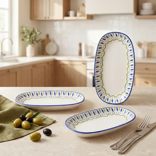 Zeytin Desenli 19 cm 3lü Porselen Kayık Tabak Seti