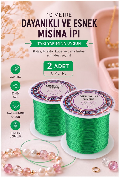 Yeşil Misina İpi 0.5mm 10 Metre 2 Adet Esnek Boncuk Takı Dizme İpi Elastik İp Bileklik Aksesuar Lastiği Yuvarlak Elyaf