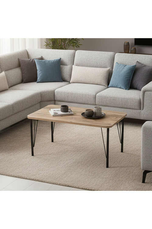 Modern Orta Sehpa 90x45x45 cm Desenli Suntalam Metal Ayaklı Salon Sehpası