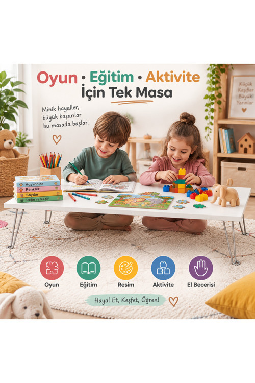 Montessori Yer Masası 90x48 cm Katlanabilir Çocuk Aktivite ve Oyun Masası Alçak Çalışma Masası