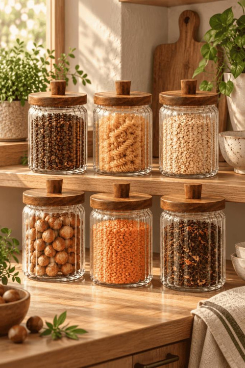 6'lı Akasya Ahşap Kapaklı Çizgili Cam Kavanoz Seti 700 ml - Vakumlu Erzak Ve Baharat Kabı