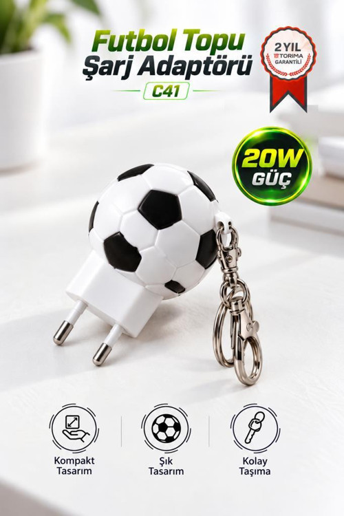 Şarj Adaptörü Futbol Topu Görünümlü Anahtarlıklı 20W Hızlı Şarj Cihazı C41 Beyaz Siyah