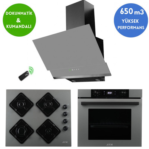 AFM Serisi Mila Antrasit-Gri Cam Turbo Dijital 3'lü Ankastre Set (Fırın + Ocak + Davlumbaz)