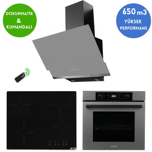 AFM Serisi E1 Dijital Elektrikli Siyah Vitro. Antrasit-Gri Ankastre Set Fırın+Ocak+Davlumbaz